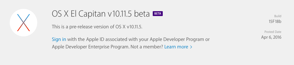 OS X El Capitan 10.11.5 Developer Beta 1 (15F18b)