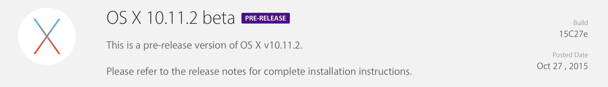 OS X El Capitan 10.11.2 Dev Update Delta(build 15C27e)