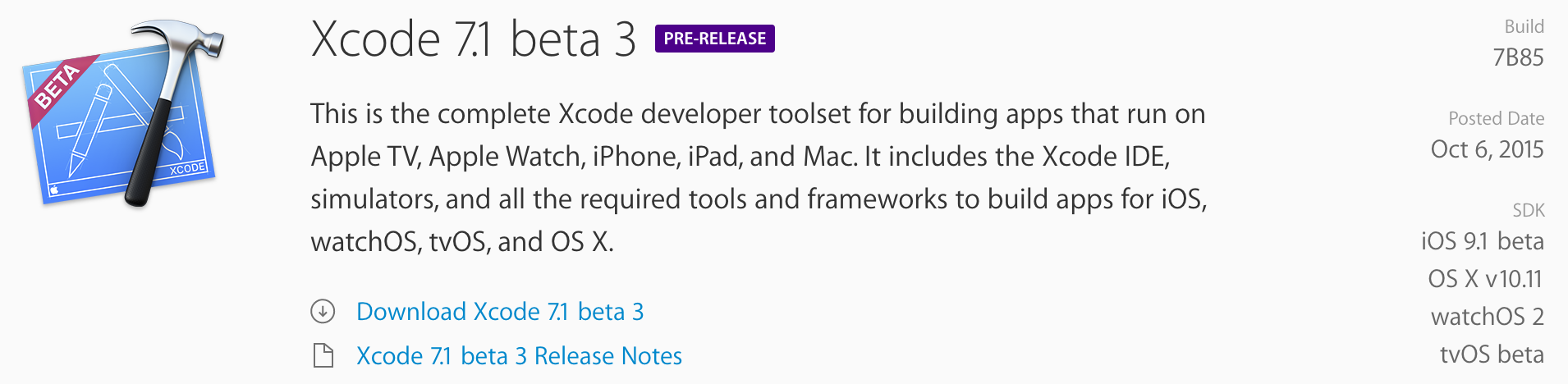 Xcode 7.1 Beta 3 (7B85)