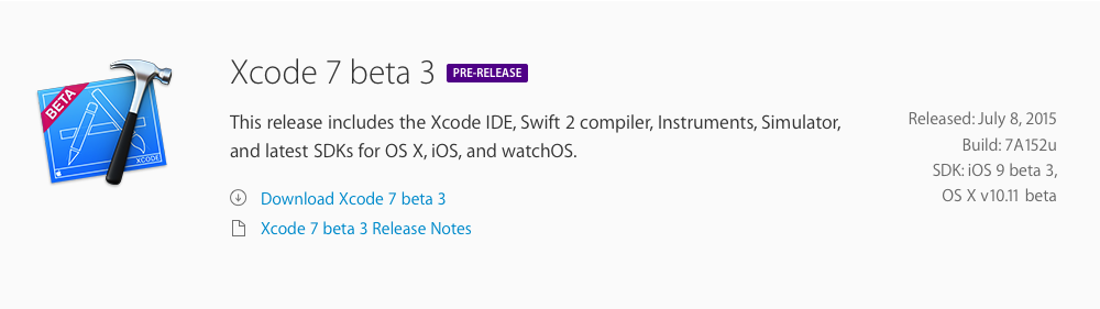 Xcode 7 Beta 3 build (7A152u)
