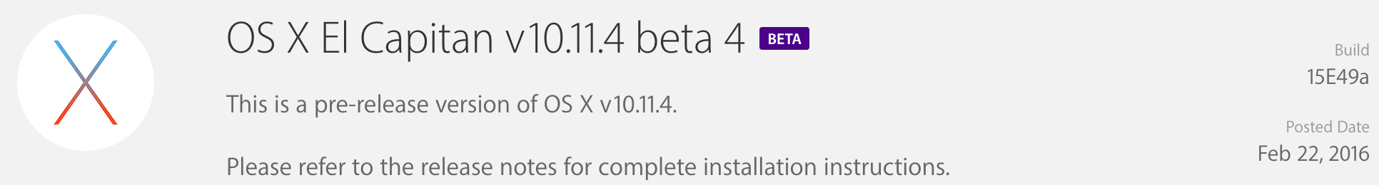 OS X El Capitan 10.11.4 (15E49a) Developer Beta 4 Combo Update