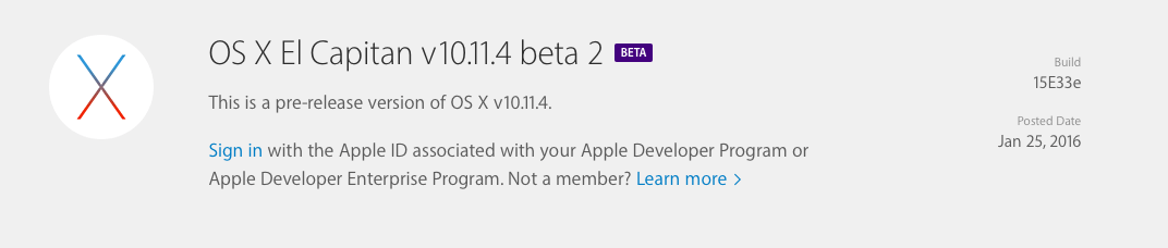 OS X El Capitan 10.11.4 (15E33e) Developer Beta 2 Combo Update