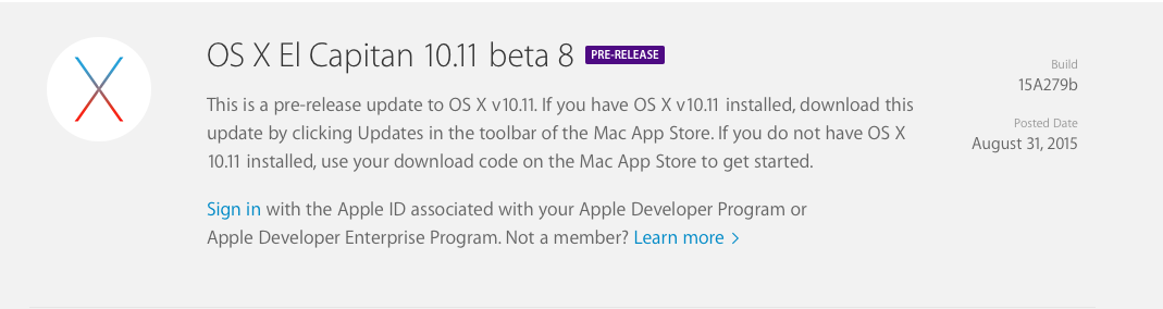 OS X El Capitan Developer Beta 8 Update( build 15A279b)
