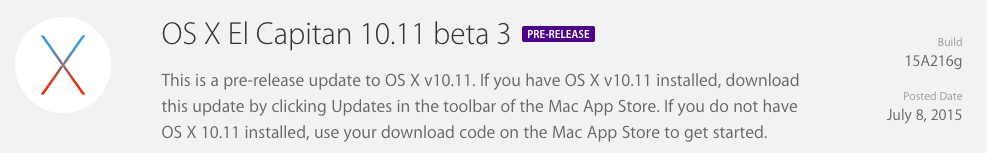 OS X El Capitan 10.11(build 15A216g) Developer Beta 3 Update