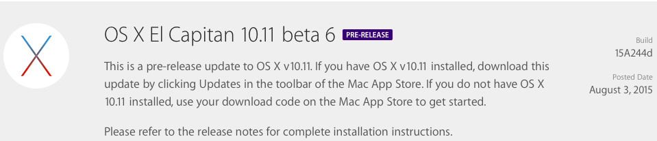 Dev OS X El Capitan 10.11 Beta 6( build 15A244d)