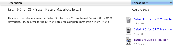 Safari 9 Beta 5 OS X Yosemite & Mavericks
