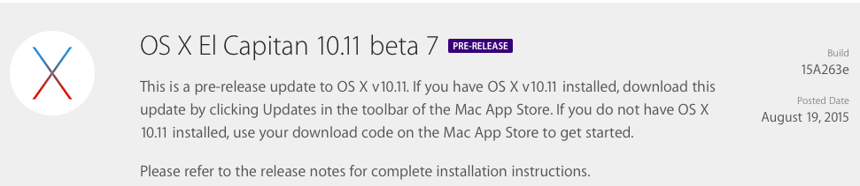 OS X El Capitan Developer Beta 7 Update( build 15A263e)