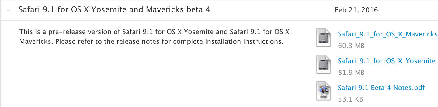 Safari 9.1 beta 4 for OS X Yosemite & Mavericks