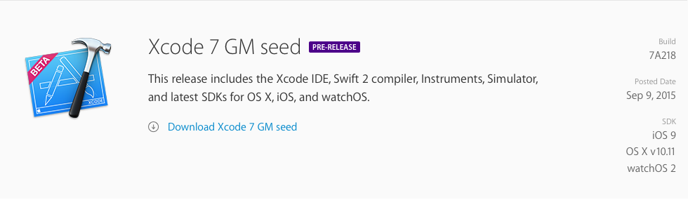 Xcode 7 GM Seed Build 7A218