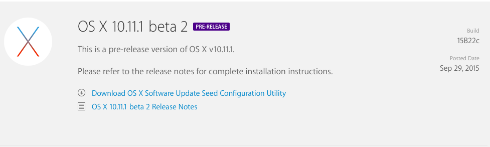 OS X El Capitan 10.11.1 Beta 2 (build 15B22c)
