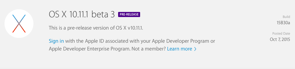 OS X El Capitan Update 10.11.1 Beta 3 (build 15B30a)