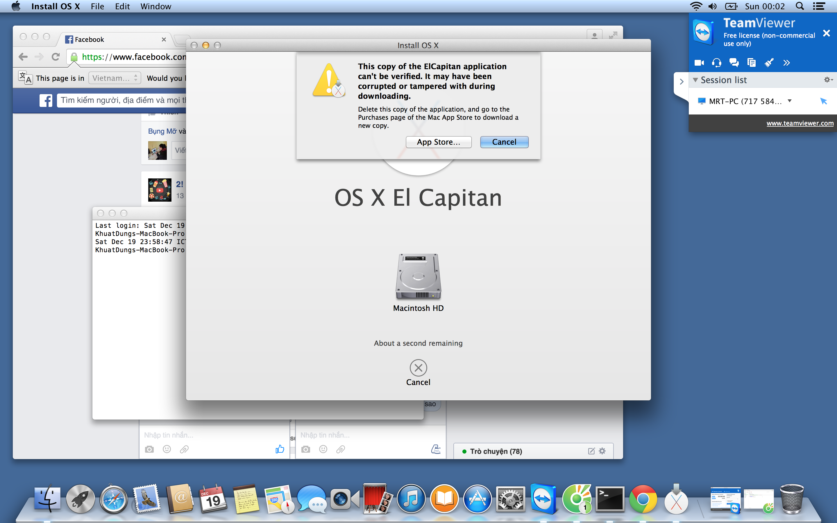 Xin giúp đỡ lỗi :"This  copy of the ElCapitan application can't bebe verified" .