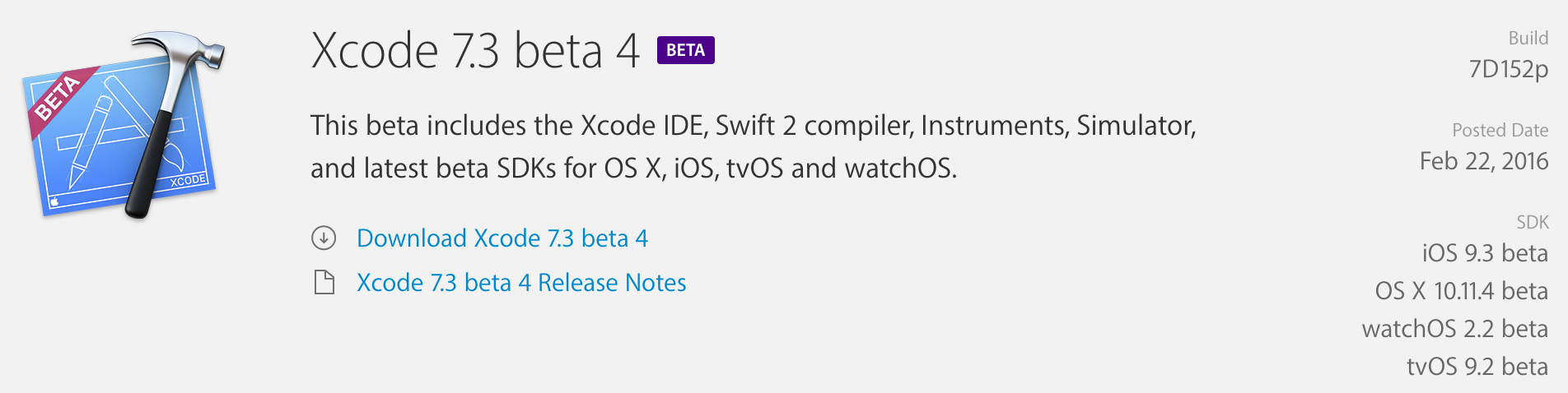Xcode 7.3 beta 4 (7D152p)
